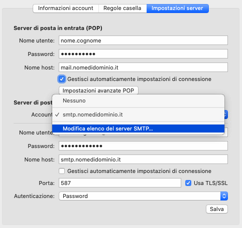 osx mail - Account - Impostazioni server - Modifica smtp
